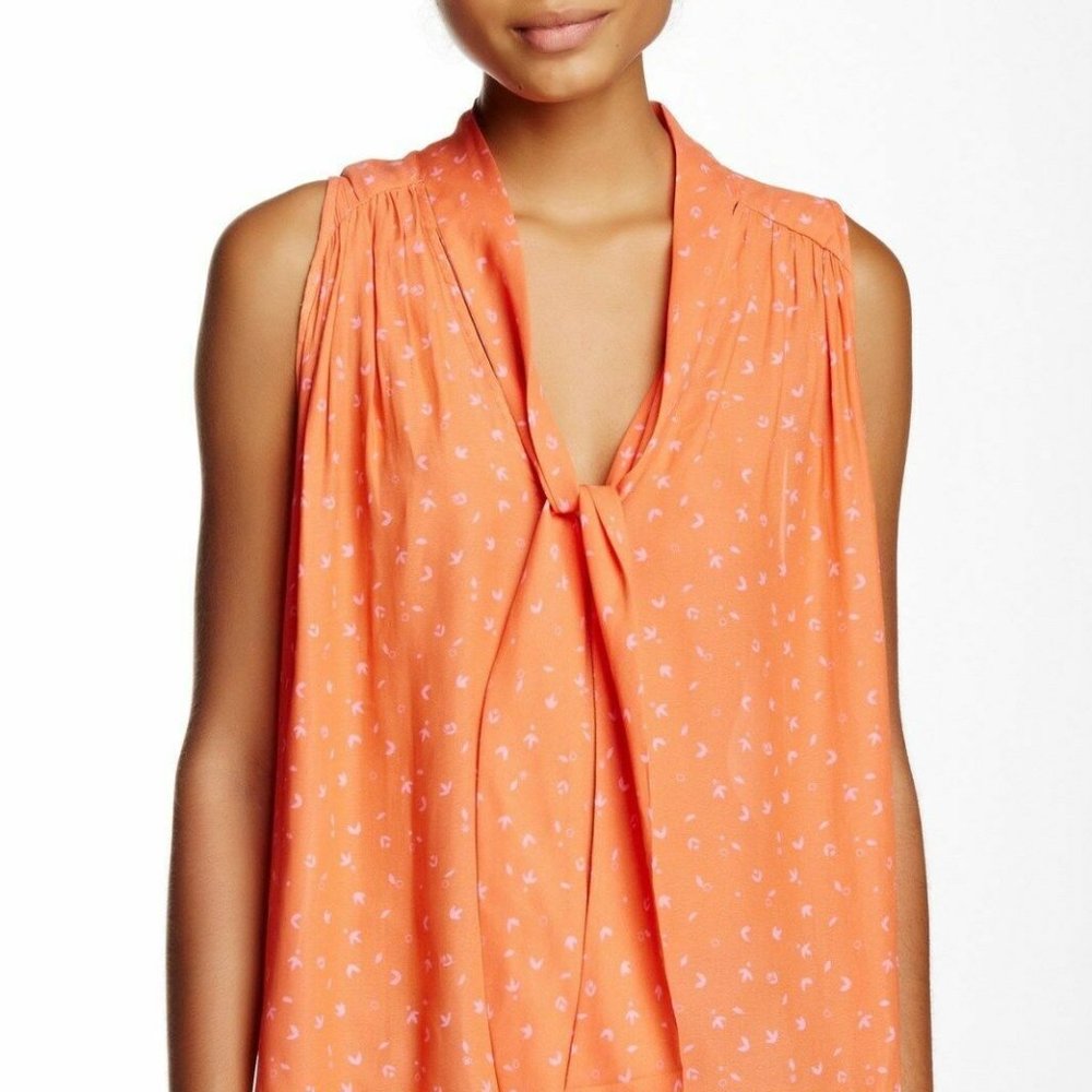Free People Graphic Tank Blouse Tie Neck Orange Pink Size Small